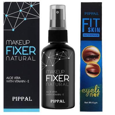 Pippal Beauty Makeup Fixer Natural Dewy Finish with Vitamin E And Aloe Vera Long-Lasting Spray 80ml (Pack of 1) with Fit Skin Supar Black Eyeliner