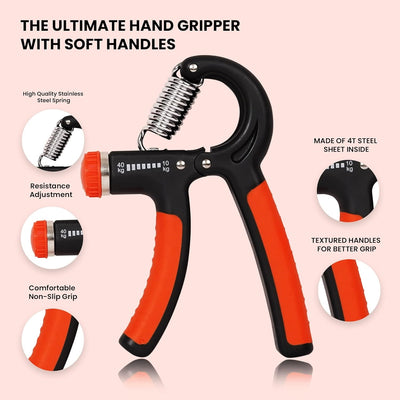 Premium Hand Grip Strengthener, Hand Exerciser Adjustable Resistance 10 To 40Kg, Grip Strength Trainer, Hand Gripper, Forearm Workout Training Equipment for Injury Recovery Athletes (Orange & Black)