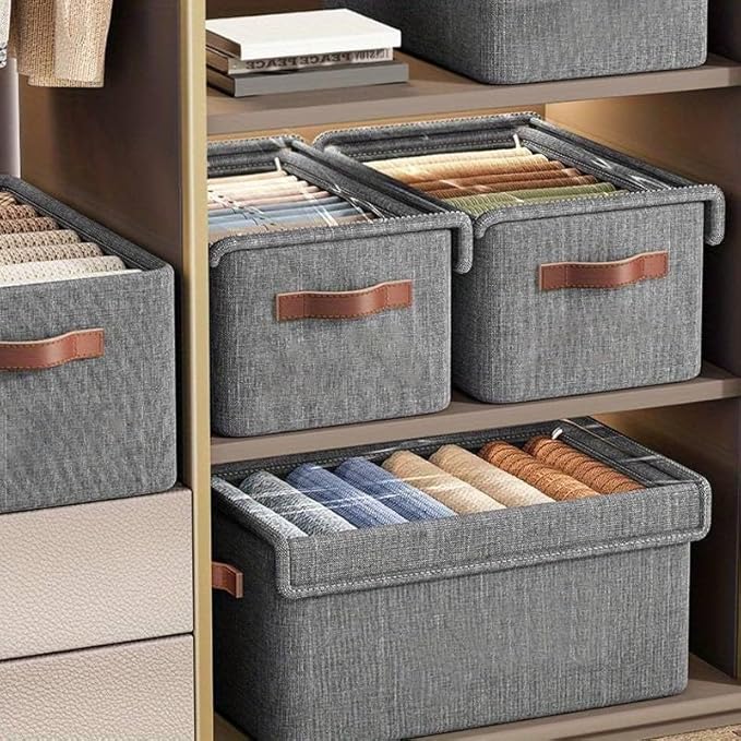 Folding Storage Boxes with Lid, Large Clear Collapsible Stackable Storage Boxes Foldable Fabric Linen Storage Box Cubes, Closet Organizer Baskets with Labels for Home