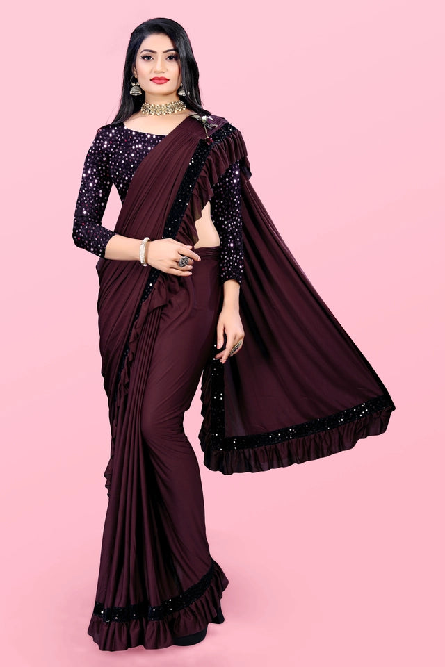 Lycra Blend Solid Saree for Women (Maroon, 6.3 m)